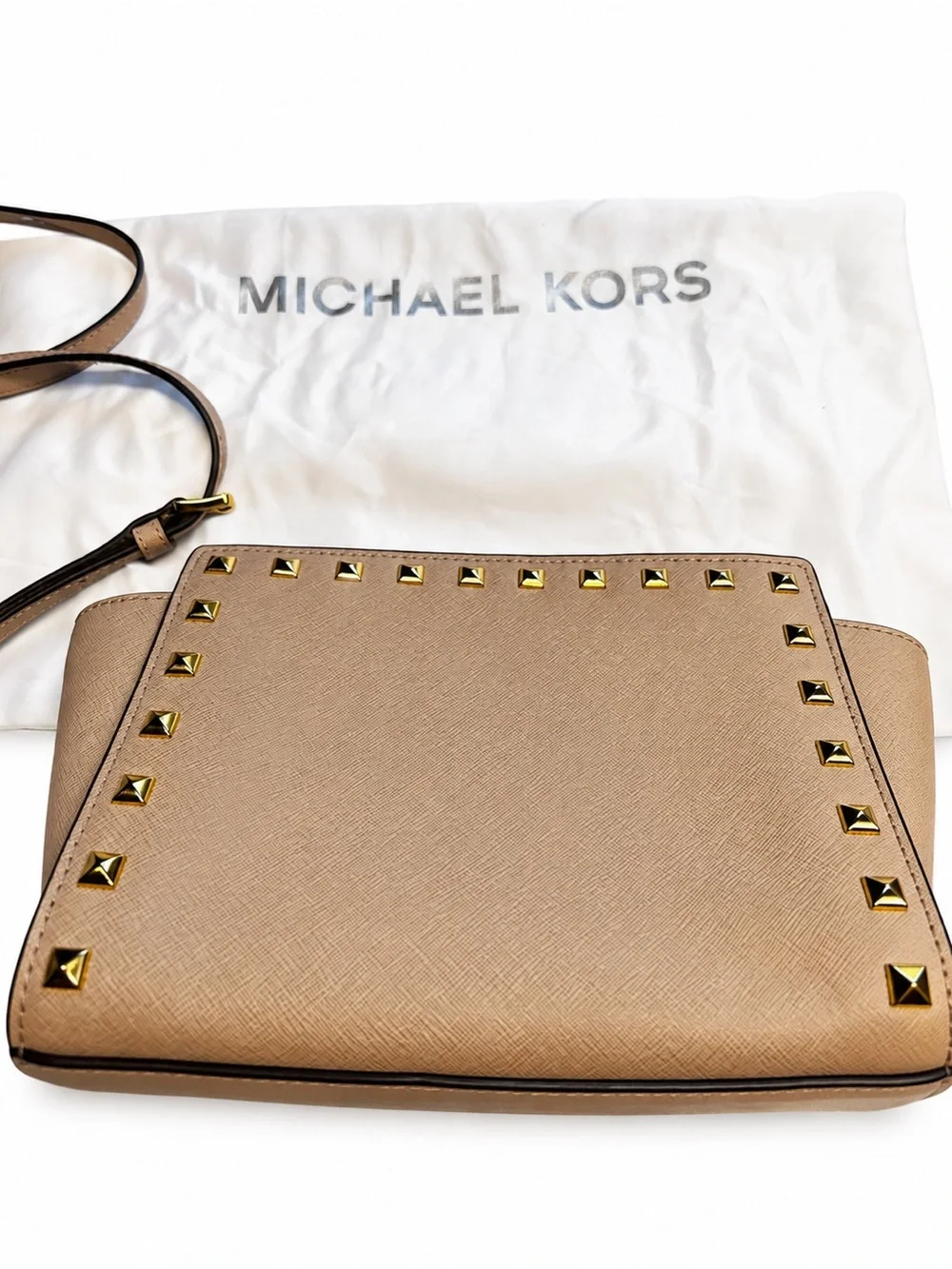 Michael Kors Tan Selma Studded Saffiano Medium Crossbody and Matching Wallet